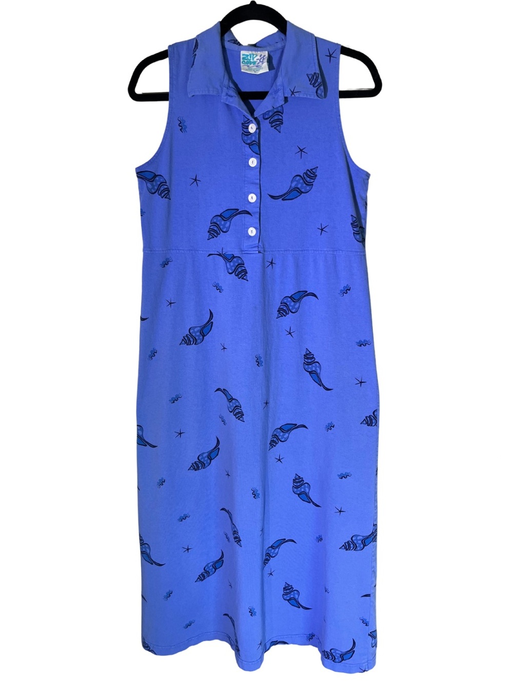 Vintage Zip Code Seashell Polo Maxi Dress Blue Cotton Sleeveless Size M Mexico
